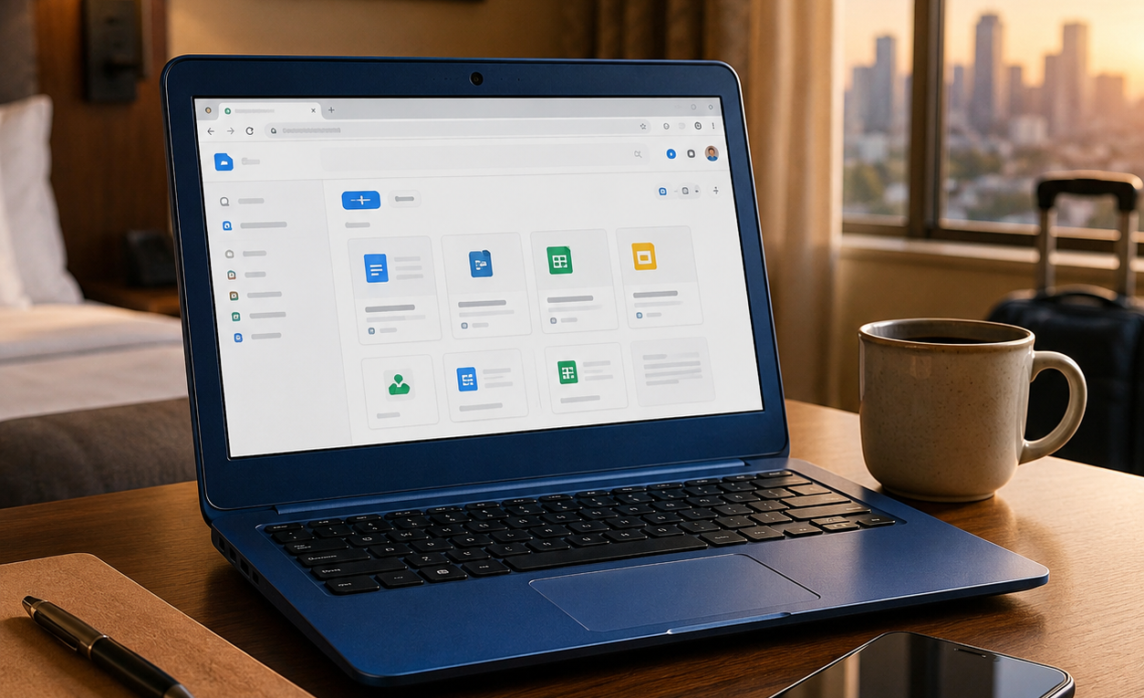 Blue budget laptop on a hotel desk with a cloud-based workspace open, alongside a smartphone, notebook and coffee mug.