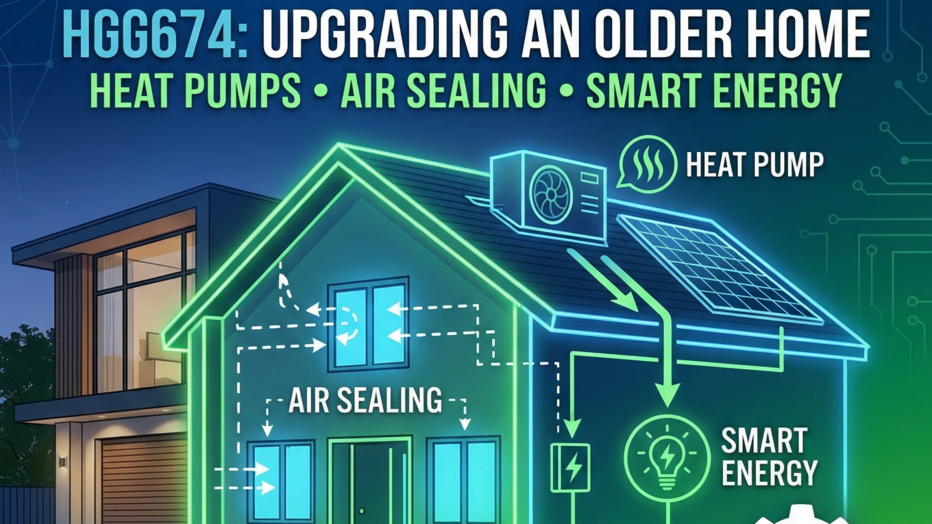 Square 1400 x 1400 pixel podcast album art for Home Gadget Geeks episode HGG674. The image features a stylized, glowing neon diagram of a house against a dark blue technical background. Glowing green and blue lines highlight a rooftop heat pump, solar panels, and a smart energy meter. Dotted arrows illustrate "Air Sealing" around windows and doors. The top of the image displays the "Home Gadget Geeks" logo and the title "Upgrading an Older Home: Heat Pumps, Air Sealing, Smart Energy." At the bottom, it reads "with host Jim Collison & guest Paul Braren."