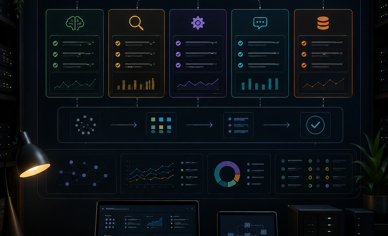 A dark home lab operations workspace showing organized AI manager panels, system dashboards, monitoring lines and supervised workflow blocks.
