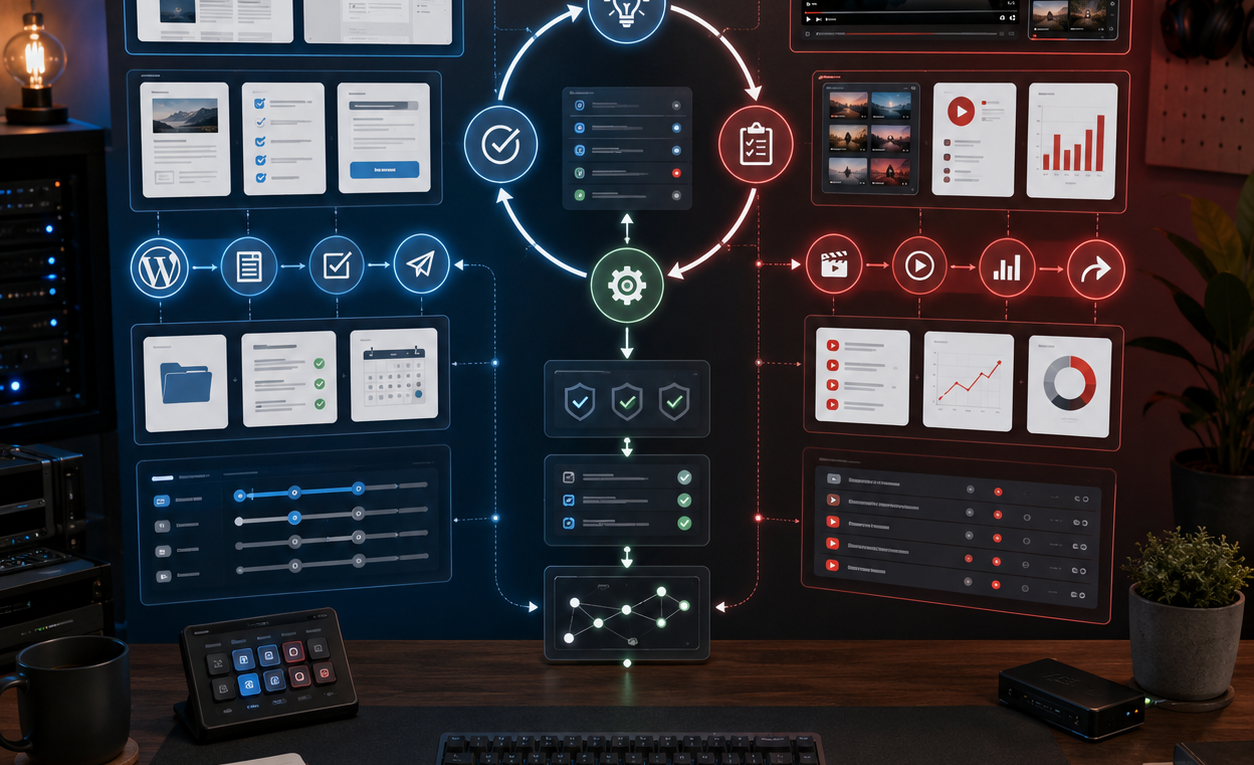 A home-lab workstation showing two AI operations workflows connected by a central feedback loop for recommendations, review, actions and outcomes.