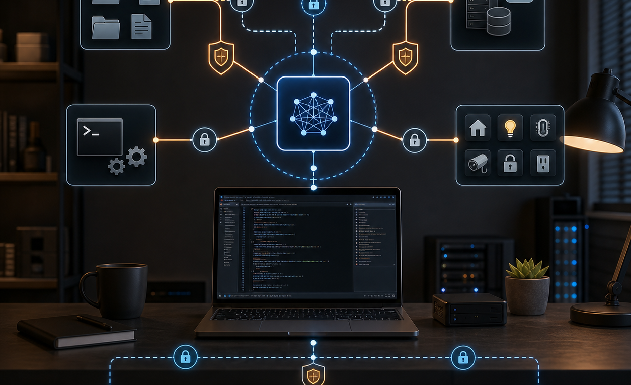 Home lab workstation showing a local AI agent architecture with controlled access to tools, data and cloud services.