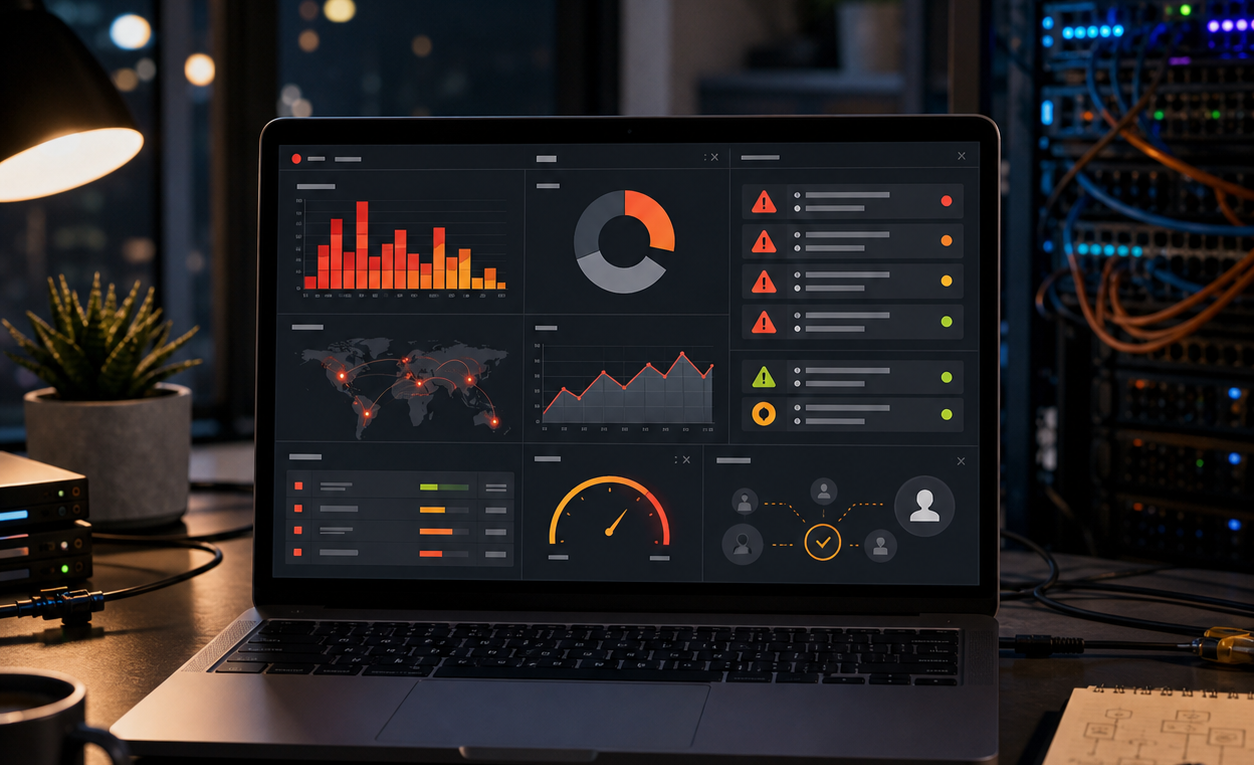 Home lab dashboard on a laptop showing abstract alerts, status panels and approval indicators beside a small server rack.