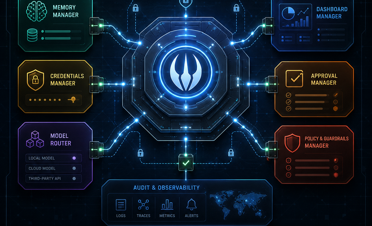 Building OpenClaw system diagram showing connected AI managers for memory, credentials, dashboards, approvals, model routing, guardrails and observability around a central trusted operations core.