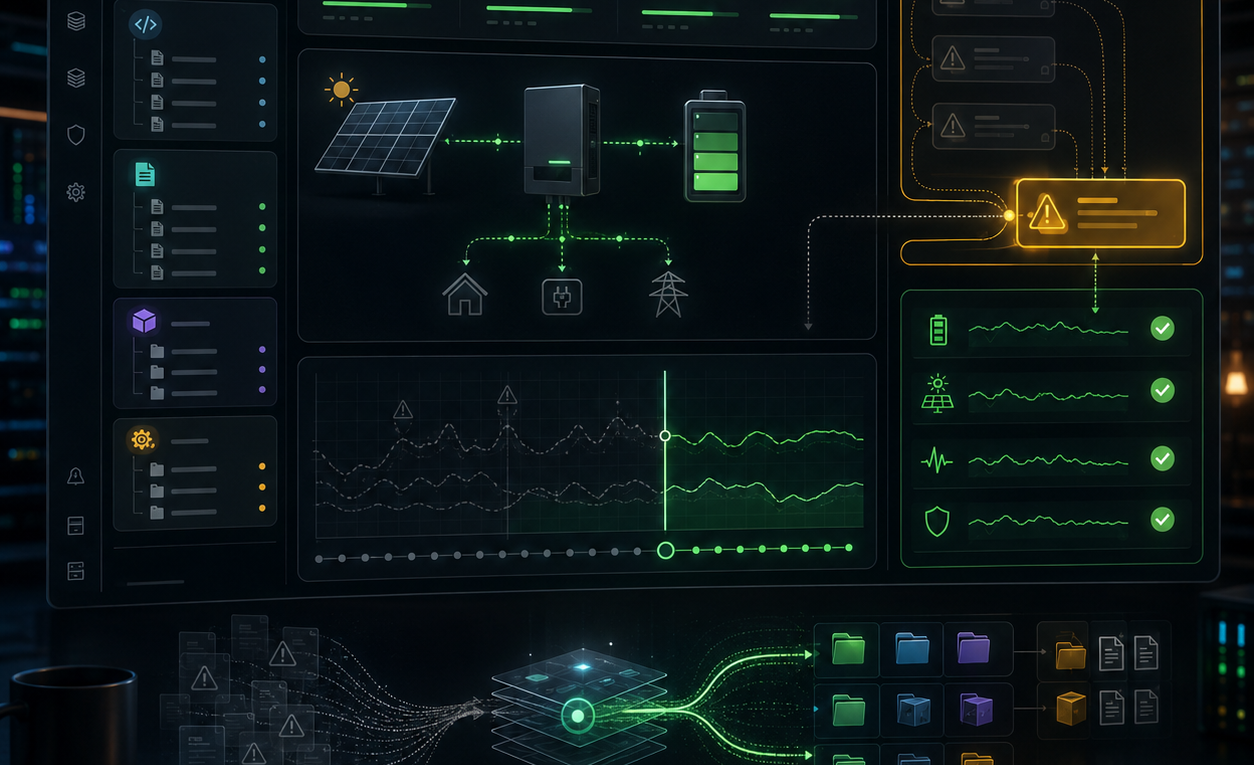 OpenClaw operational dashboard showing healthy solar and battery signals alongside a historical warning and classified workspace files.