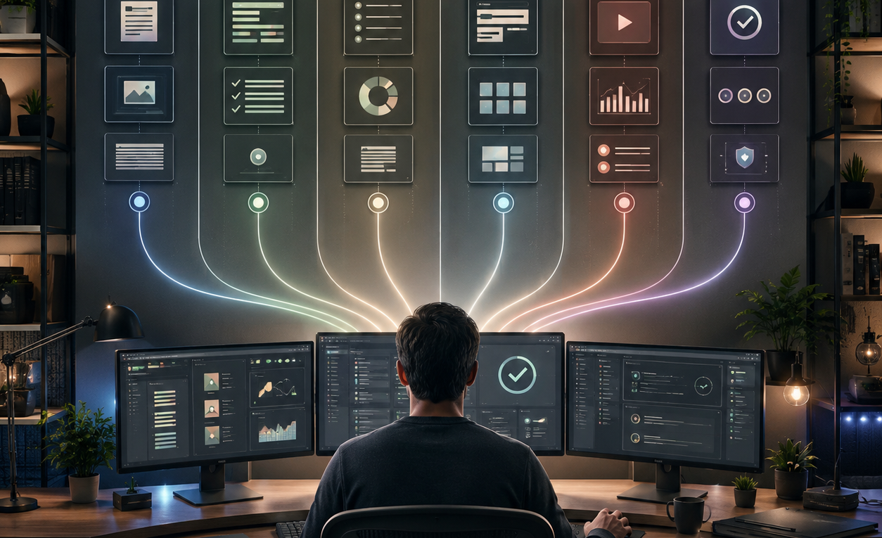 Abstract home lab operations wall showing separate workflow lanes for AI managers and operator approval.
