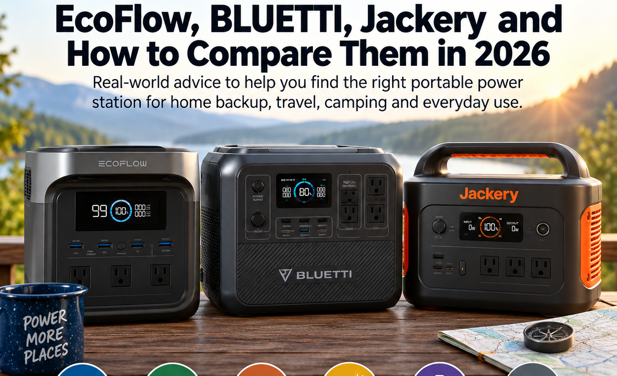 Portable power station comparison featuring EcoFlow, BLUETTI and Jackery units for home backup, camping, travel and solar charging