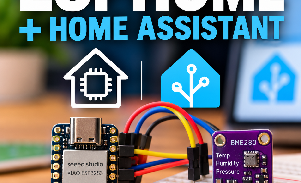 ESPHome and Home Assistant guide featuring a Seeed Studio XIAO ESP32S3 connected to a BME280 environmental sensor
