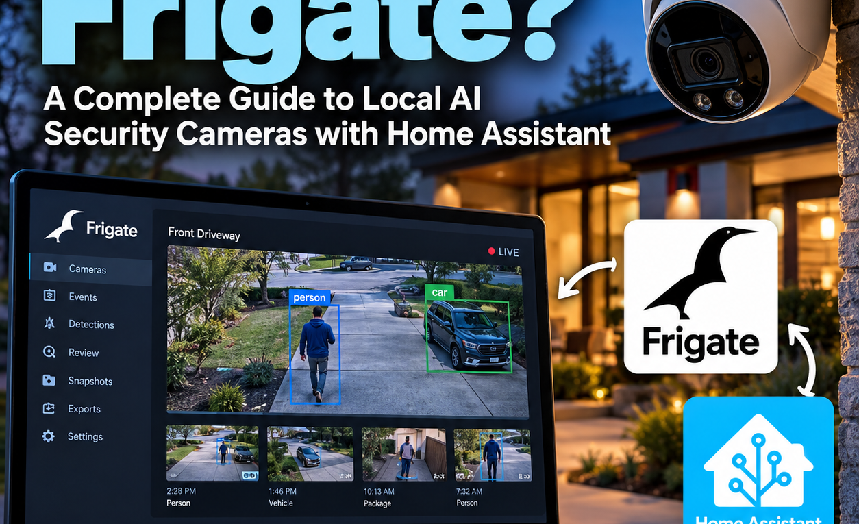 Frigate local AI security camera dashboard connected to Home Assistant with person, vehicle, face and license plate detection.
