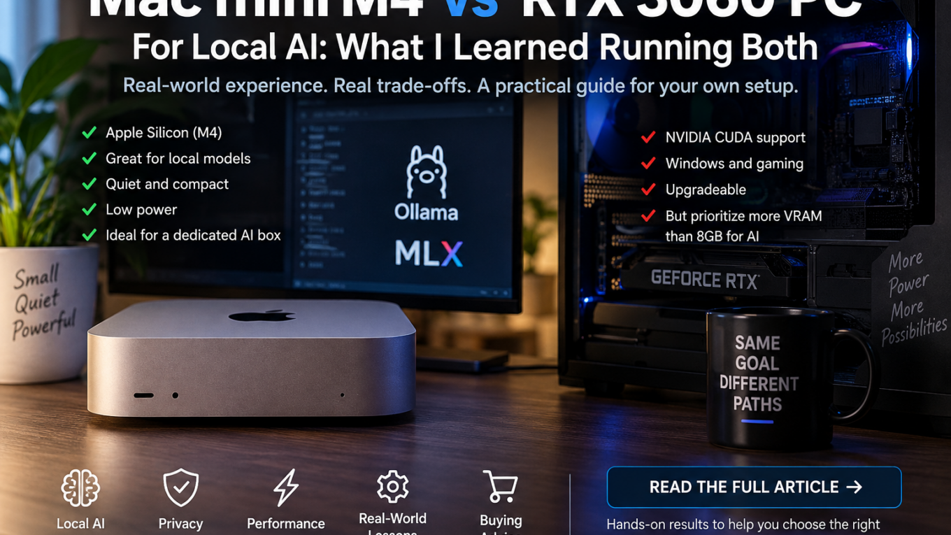 Mac mini M4 versus RTX 3060 PC for local AI and OpenClaw, comparing Apple Silicon with an NVIDIA desktop.