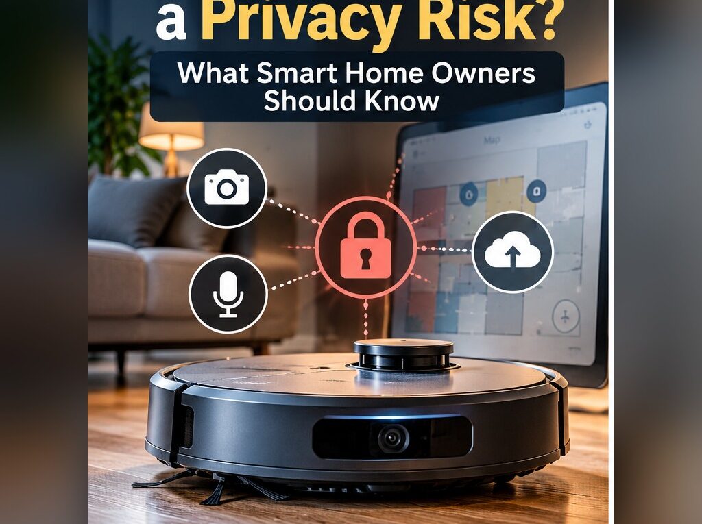 Robot vacuum with camera, home mapping and connected-data privacy icons
