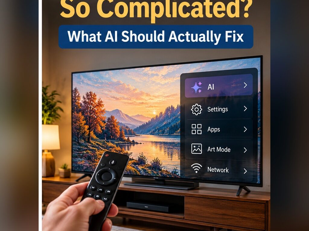Smart television displaying AI, apps and art-mode settings with a remote control