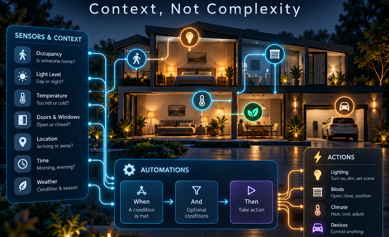 Home Assistant automations using sensors and context to control lighting, blinds, climate and smart home devices